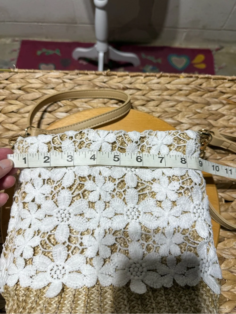 Woven Straw Crossbody Bag with White Floral Lace Overlay